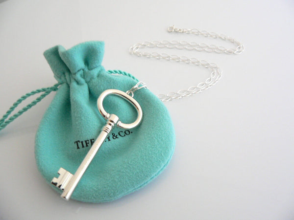Tiffany Co Silver Large Oval Key Necklace Pendant 24 inch Chain Gift Pouch Love