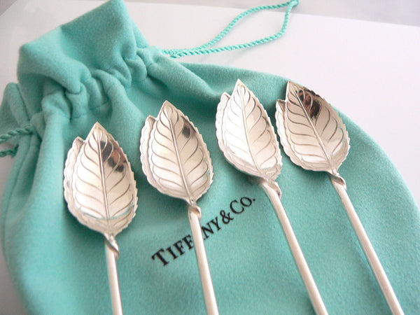 Tiffany & Co Leaf Mint Julep Iced Tea Spoons Straw Rare Set Of 4 Silver Gift Art