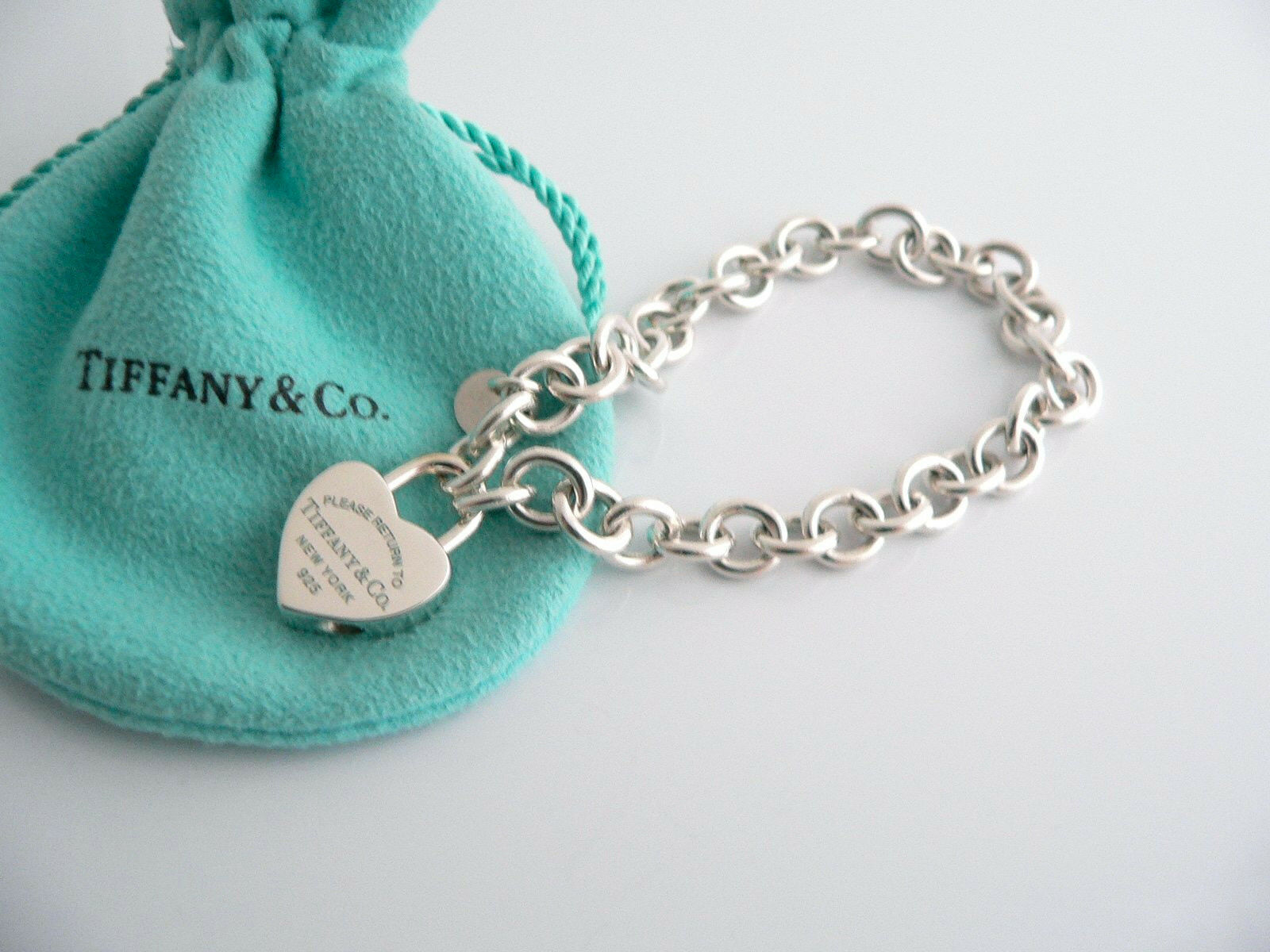 Tiffany & Co Silver Blue Enamel Heart Padlock Charm Bracelet Gift Pouch Love