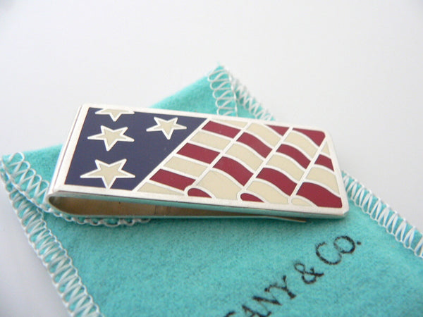 Tiffany & Co Silver Flag Money Clip Red White Blue Enamel Holder Gift Love USA