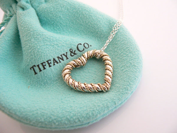 Tiffany & Co Silver Gold Heart Rope Necklace Pendant Charm 19 In Chain Long Gift