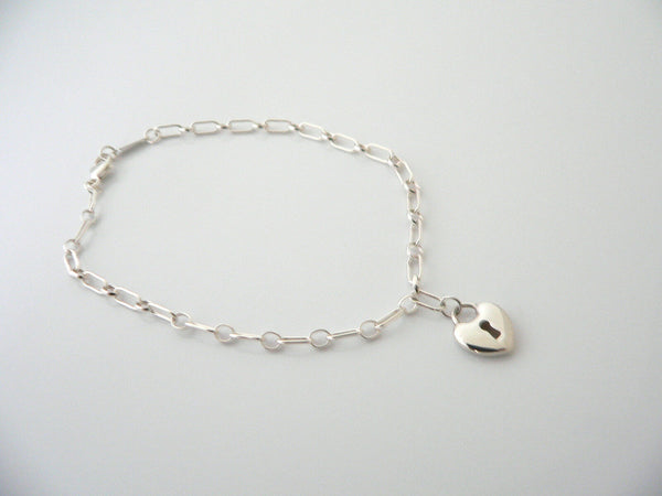 Tiffany & Co Silver Heart Key Hole Locks Bracelet Bangle Link 7.75 Inches Gift
