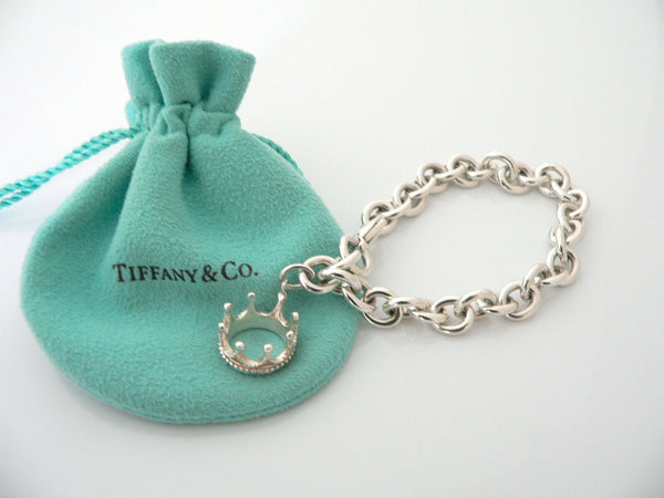 Tiffany & Co Silver Crown Princess Bracelet Charm Attached Gift Pouch Love