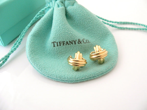 Tiffany & Co 18K Gold Signature X Earrings Studs Omega Backs Gift Pouch Box Love