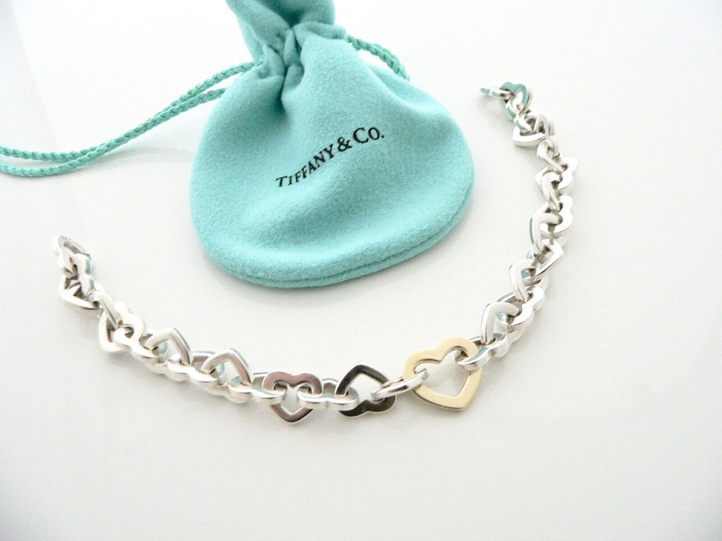 Tiffany & Co Silver 18K Gold Heart Key Hole Charm Bracelet Chain Gift Love Pouch