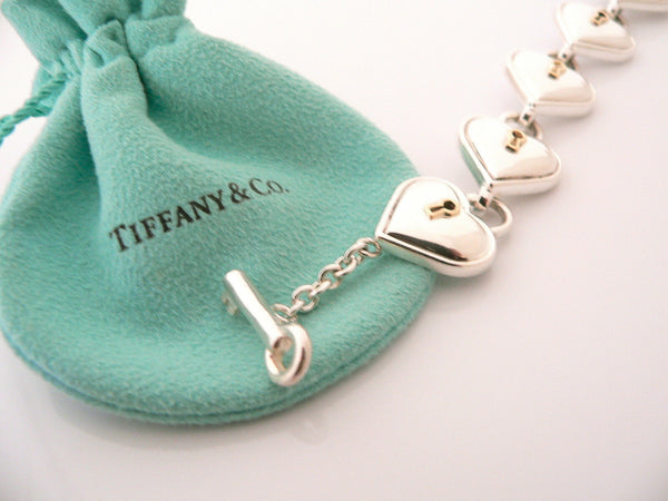 Tiffany & Co Silver 18K Gold Heart Key Hole Padlock Toggle Bracelet Gift Pouch