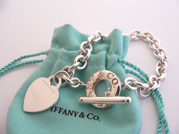 Tiffany & Co Silver Heart Toggle Charm Bracelet Bangle 8 Inch Chain Gift Pouch