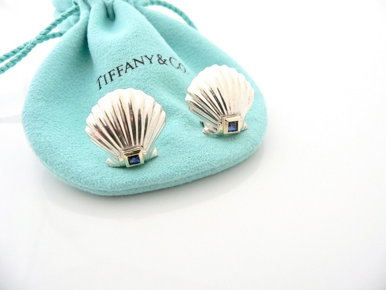 Tiffany & Co Silver 18K Gold Shell Blue Sapphire Pierced Earrings Gift Love Art