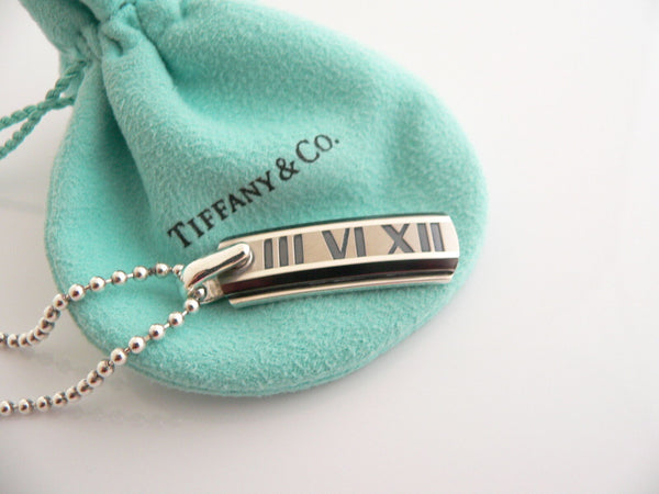 Tiffany & Co Silver Titanium Atlas Bar Dog Tag Necklace Pendant Bead 20 In Gift