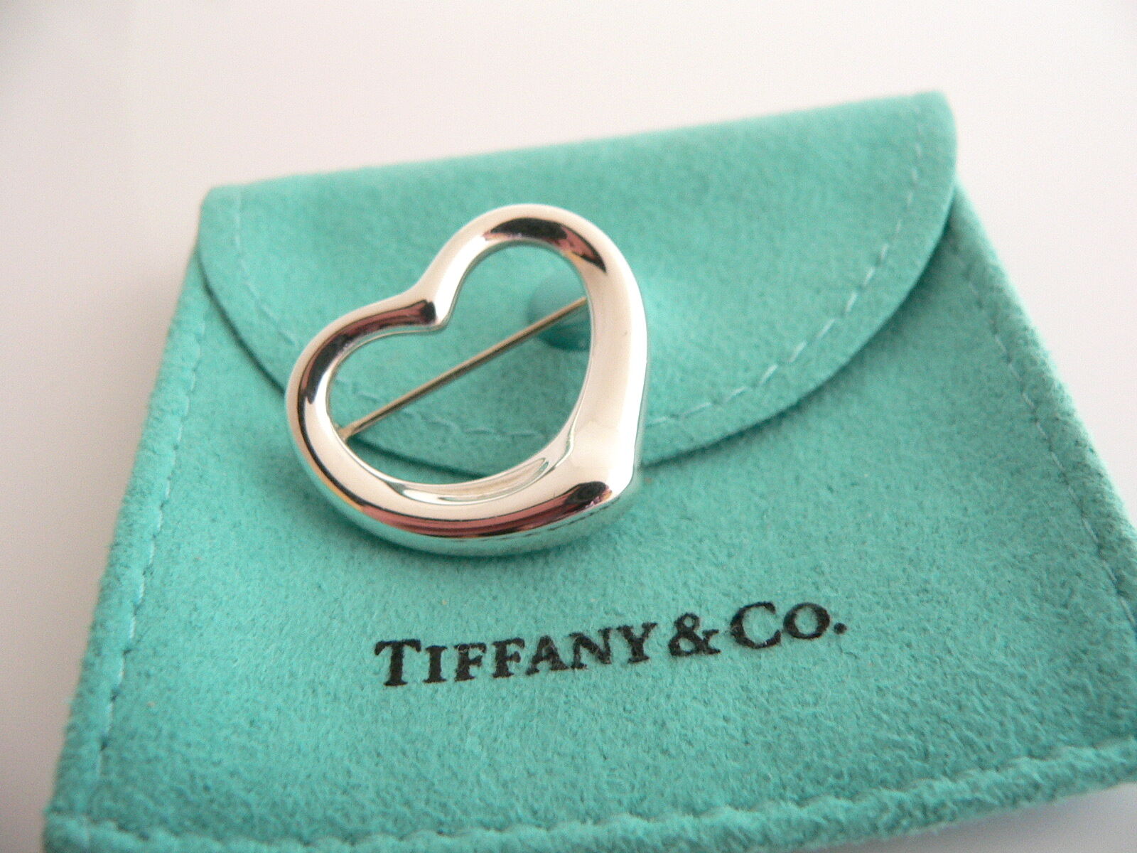 Tiffany & Co Silver Peretti Open Heart Brooch Pin Rare Gift Love Pouch