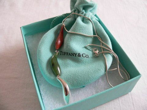 Tiffany & Co Silver Gehry Fish Jade Wood Triple Dangle Necklace Pendant Gift Art