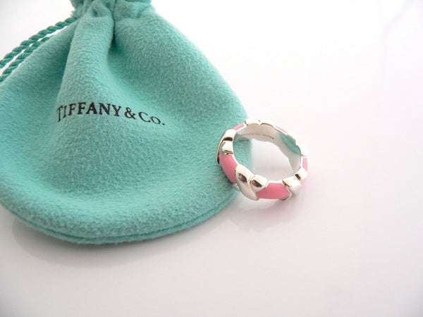 Tiffany & Co Silver Pink Enamel Signature X Wide Stacking Ring Band Sz 5 Gift