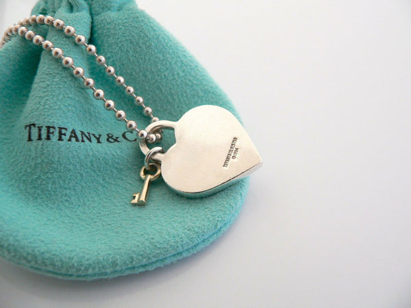 Tiffany & Co Silver 18K Gold Heart Key Necklace Pendant 20 Inch Gift Pouch Love