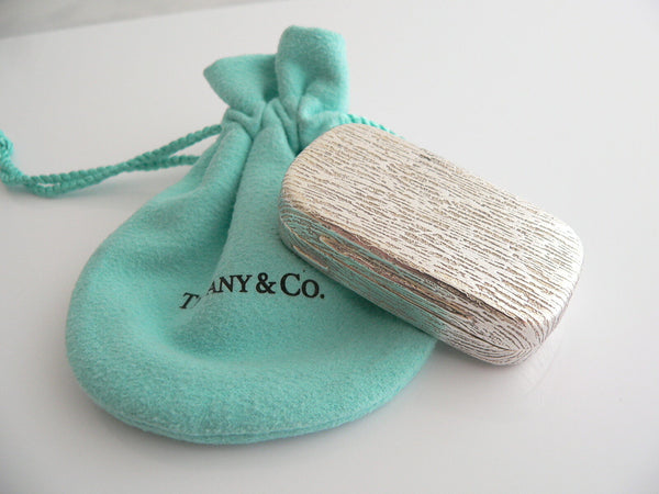 Tiffany & Co Rectangle Pill Box Silver Textured Wood Case Gift Pouch Love Cool