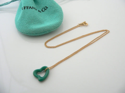Tiffany & Co 18K Gold Turquoise Heart Necklace Gemstone Pendant Gift Pouch Love
