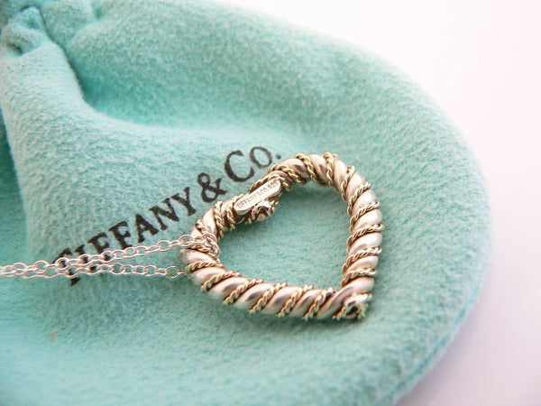 Tiffany & Co Silver Gold Heart Rope Necklace Pendant Charm 19 In Chain Long Gift