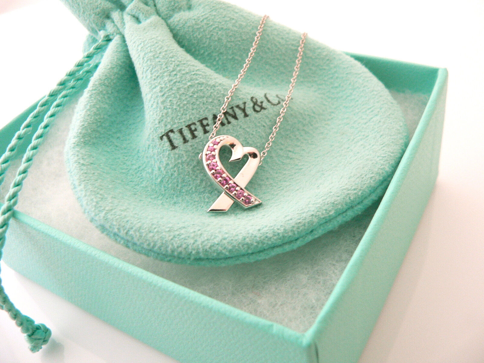 Tiffany & Co 18K Gold Picasso Pink Sapphires Necklace Pendant Charm Chain Gift