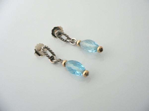 David Yurman Silver 18K Gold Blue Topaz Dangle Dangling Earrings 18K Posts Gift