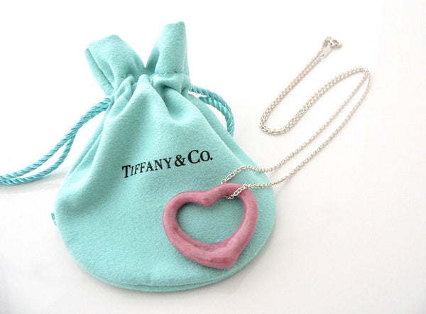 Tiffany & Co Pink Open Heart Necklace Peretti Gemstone Pendant Silver Chain Love