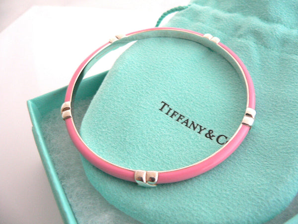 Tiffany & Co Silver Pink Enamel Signature X Bangle Bracelet Mint Gift Pouch Box