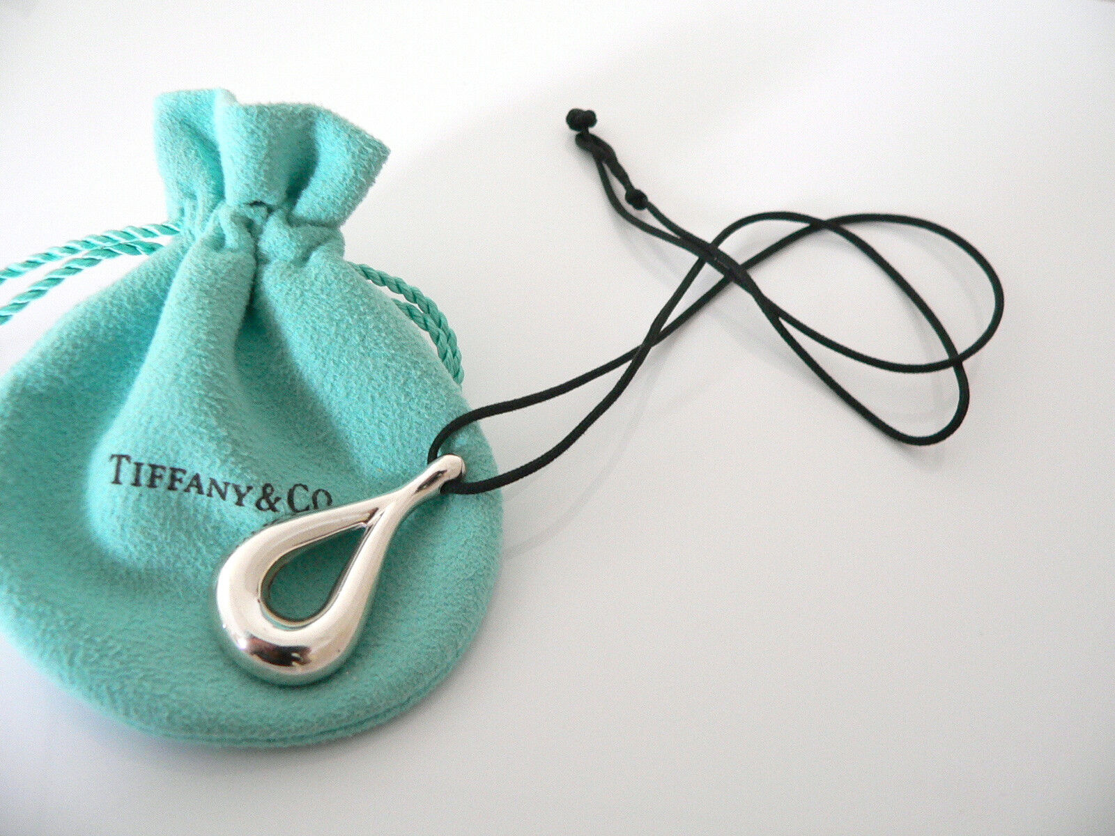 Tiffany & Co Teardrop Necklace Tear Drop Charm Pendant Black Silk Cord Silver Love Gift Art TCo