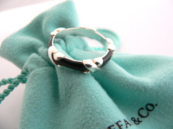 Tiffany & Co Silver Black Enamel Signature X Stacking Ring Band Sz 5.5 Gift Love