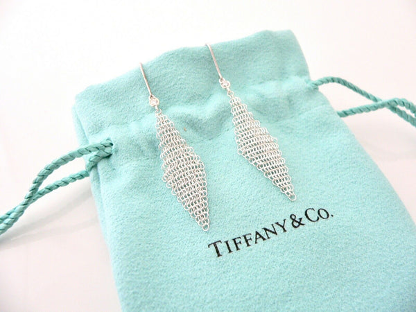 Tiffany & Co Silver Diamond Mesh Earrings Drop Dangling Dangle Love Gift Pouch