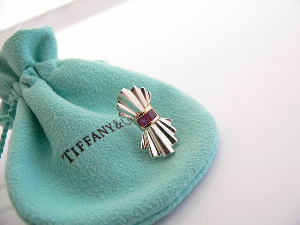 Tiffany & Co Ribbon Earrings Silver 14K Gold Ruby Gemstone Studs Gift Love Pouch