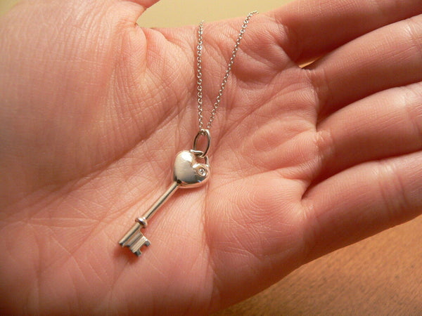 Tiffany Co Silver Diamond Heart Key Necklace Pendant Charm Chain Love Gift