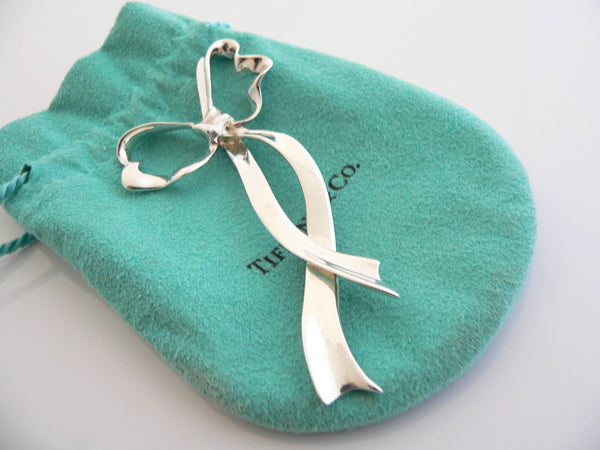 Tiffany & Co Silver Large Ribbon Bow Brooch Pin Rare Love Gift Pouch