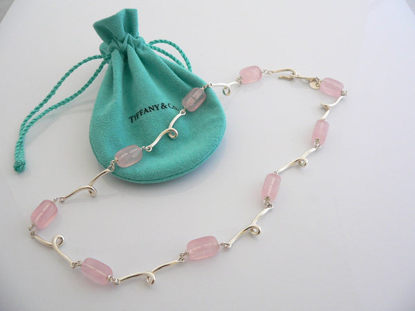 Tiffany & Co Pink Quartz Necklace Rose Twirl Pendant Charm Chain Silver Gift Art