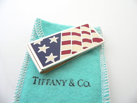 Tiffany & Co Silver Flag Money Clip Red White Blue Enamel Holder Gift Love USA