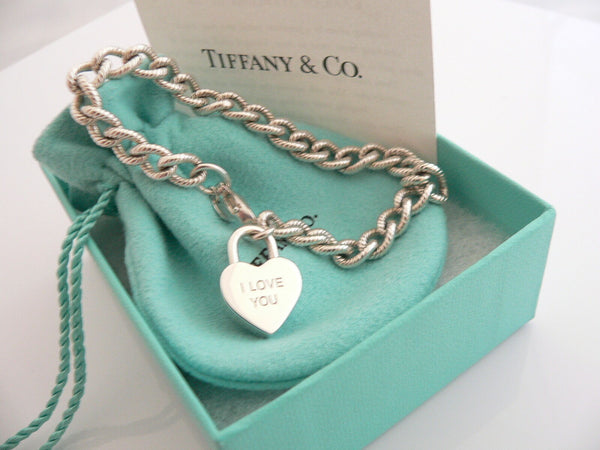 Tiffany & Co Silver I LOVE YOU Heart Padlock Bracelet Cable 7.75 Inch Textured