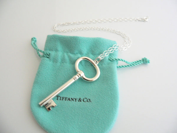 Tiffany Co Silver Large Oval Key Necklace Pendant 24 inch Chain Gift Pouch Love