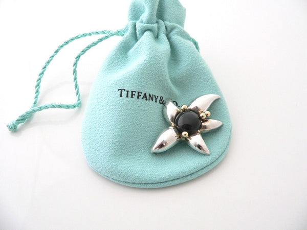 Tiffany & Co Onyx Flower Pin Silver 18K Brooch Gold Love Gift Pouch Nature Art