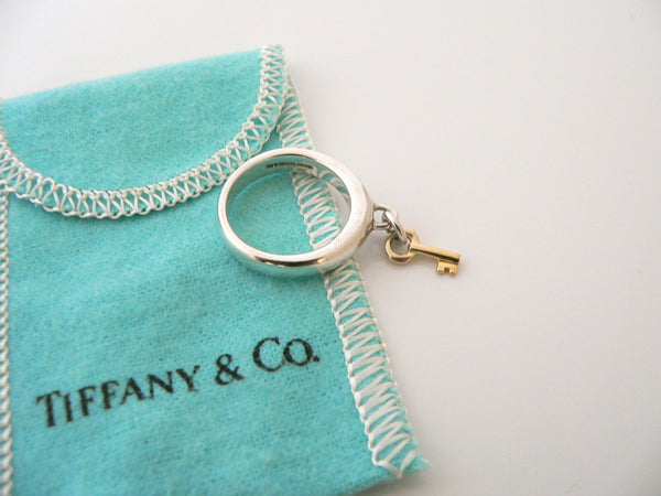 Tiffany & Co Silver 18K Gold Key Dangling Dangle Ring Band Sz 6.75 Gift Love