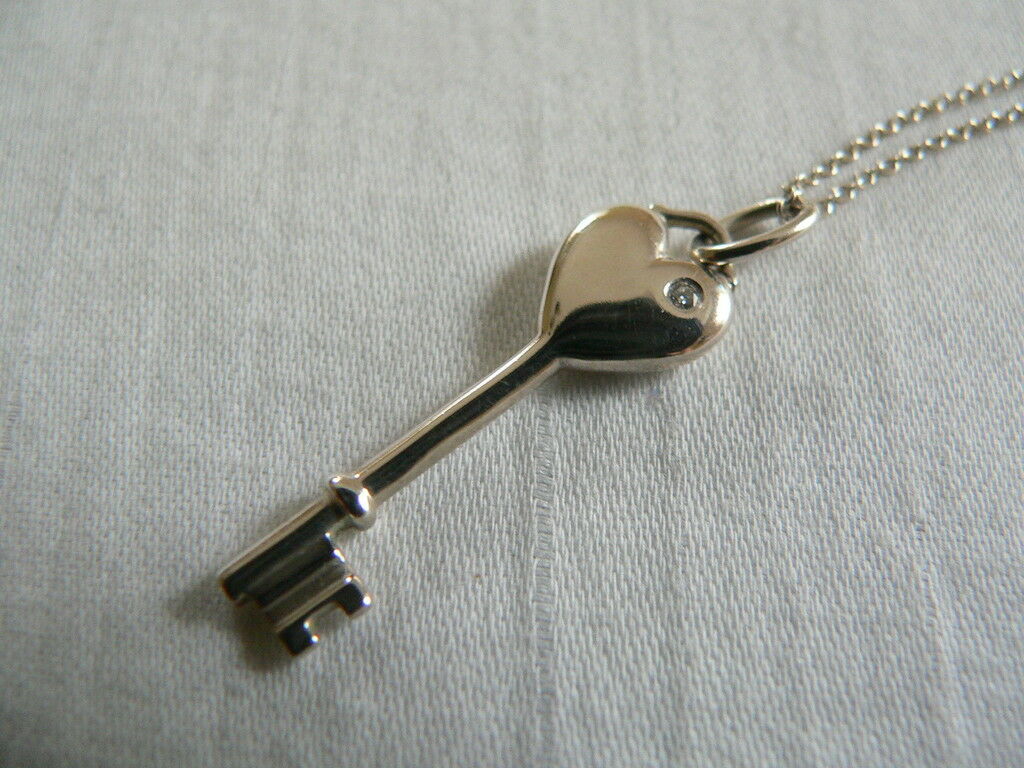Tiffany Co Silver Diamond Heart Key Necklace Pendant Charm
