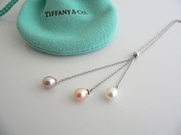 Tiffany & Co 18K Gold Pearl Drop Dangle Necklace Pendant Chain Gift Pouch Love