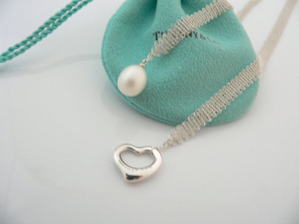 Tiffany & Co Open Heart Necklace Pearl Pendant Charm 25 Inch Mesh Gift Pouch Art