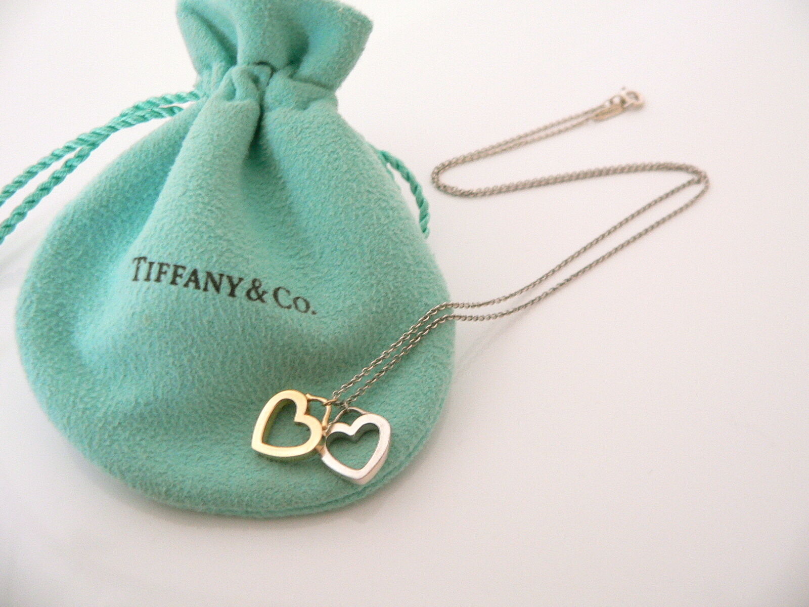 Tiffany & Co Silver 18K Yellow Gold Double Two Hearts Necklace Gift Pouch Love