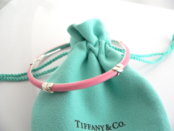 Tiffany & Co Silver Pink Enamel Signature X Bangle Bracelet Mint Gift Pouch Box