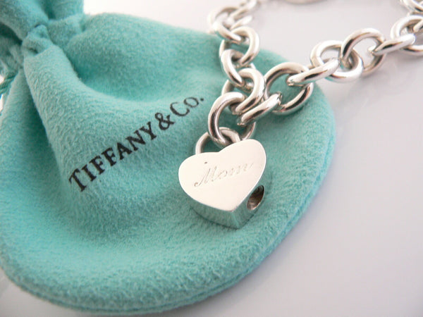 Tiffany & Co Silver Mom Heart Padlock Charm Pendant Toggle Bracelet Gift Pouch