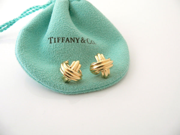 Tiffany & Co 18K Gold Signature X Earrings Studs Omega Backs Gift Pouch Box Love