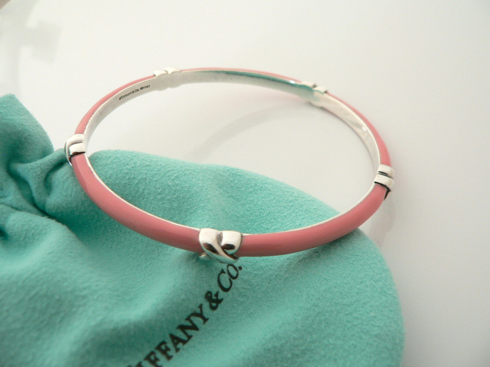 Tiffany & Co Silver Pink Enamel Signature X Bangle Bracelet Rare Gift Love Pouch