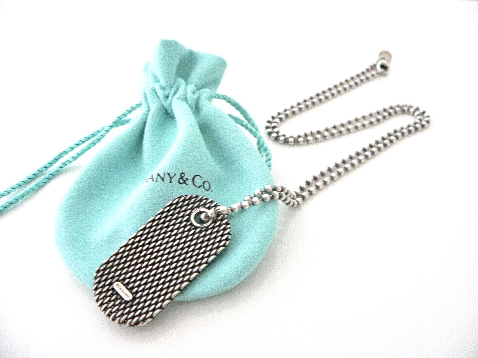 Tiffany & Co Dog Tag Necklace Textured Beaded 20 in Chain Silver Love Gift Pouch