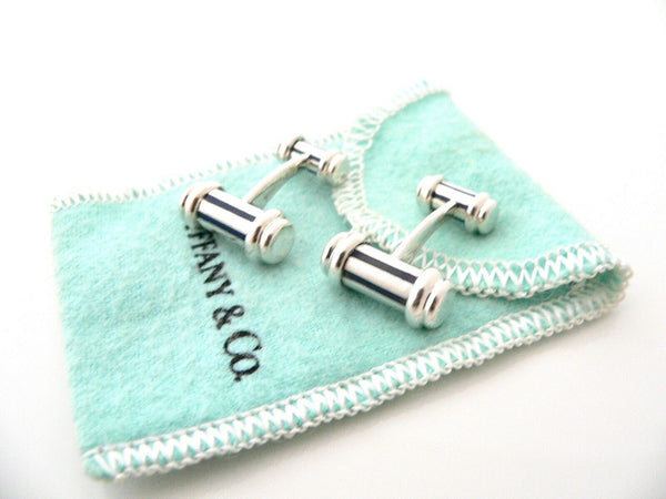 Tiffany & Co Blue Enamel Silver Atlas Cufflinks Cuff Link Pouch Man Gift Love