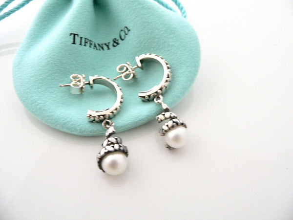Iridesse Tiffany & Co Pearl Dangle Dangling Hoop Earrings Silver Love Gift Pouch