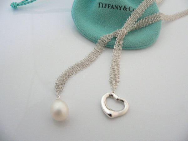 Tiffany & Co Open Heart Necklace Pearl Pendant Charm 25 Inch Mesh Gift Pouch Art