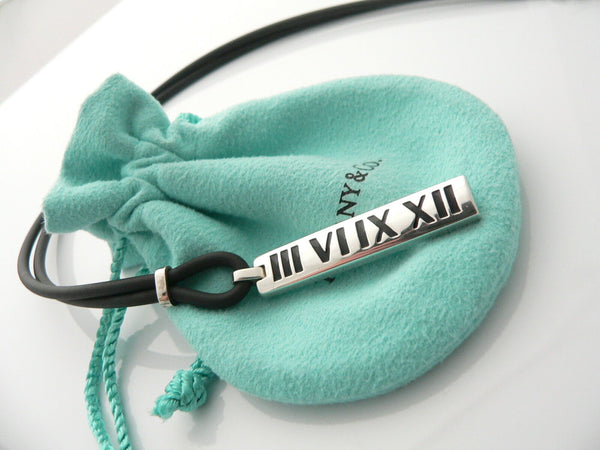 Tiffany & Co Silver Atlas Bar Surfer Necklace Rubber Cord 20 In Long Gift Pouch