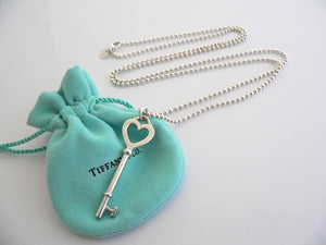 Tiffany Co Silver Large Heart Key Necklace Pendant Charm 34 in Chain Gift Pouch